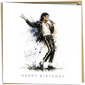 Puede incluir: Una tarjeta de felicitación cuadrada con una ilustración estilo acuarela de un artista con chaqueta negra de lentejuelas, camisa blanca y pantalones negros, sosteniendo un micrófono. El texto HAPPY BIRTHDAY está impreso en gris en la parte inferior.