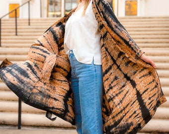 Stunning Burnt Orange Shibori Luxe Sari Silk Robe / Kimono XL