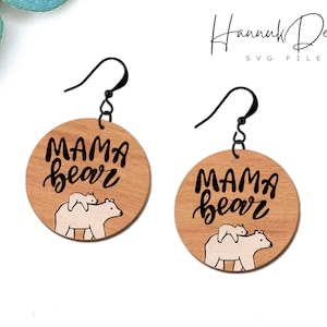 Mama Bear Cute Mother&#39;s Day Wood Earring Svg Laser Cut File Digital Download
