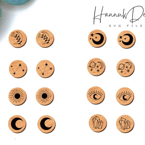 Mystical Stud Earring Set Svg Laser Cut File, Lune, Oeil, Soleil, Cristaux, Fleur, Étoiles Studs Modèle Fichier Svg pour Glowforge