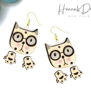 Cute Cat SVG lasergesneden bestand, houten oorbel SVG lasergesneden bestand, kat in glazen oorbellen sjabloon SVG digitale download, Glowforge-oorbellen