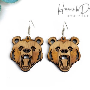 Roaring Bear Wood Earring SVG Laser Cut File, Animal Earrings Template SVG Digital Download, Glowforge Earrings, Bear Head Earrings SVG