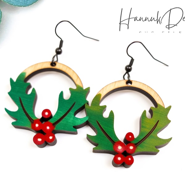 Holly Leaf Hoop Christmas Wood Earring Svg Laser Cut File Digital Download