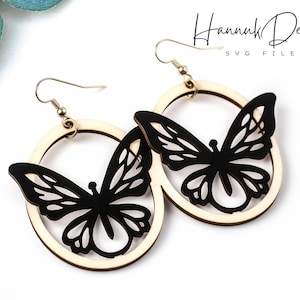 Schmetterling in einem Hoop Boho Blumen Holz Ohrring svg Laser Cut Datei für Glowforge Digital Download