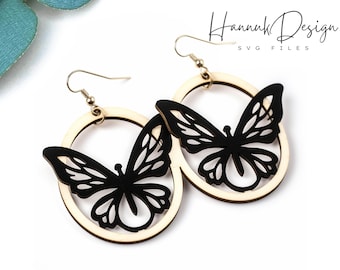 Butterfly in a Hoop Boho Floral Wood Earring Svg laser Cut File for Glowforge Digital Download