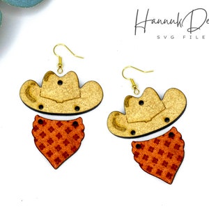 Archivo SVG de aretes de vaquero de Texas cortados con láser, aretes de sombrero de vaquero y pañuelo SVG, plantilla de aretes de madera estilo western SVG, descarga digital