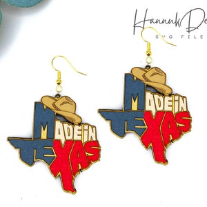 Made in Texas orecchino legno orecchino Svg, cappello da cowboy taglio laser orecchino Svg per Glowforge, orecchino in pelle Svg, orecchini Svg, download istantaneo