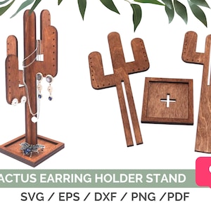 Espositore per orecchini a forma di cactus in formato SVG, espositore per orecchini in formato SVG, espositore per orecchini Glowforge in formato SVG, file laser per supporto orecchini, download immediato