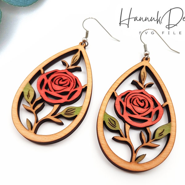 Rose Rosebud Drop Shape Boho Wood Earring Svg Laser Cut and Engraving File for Glowforge Digital Instant Download