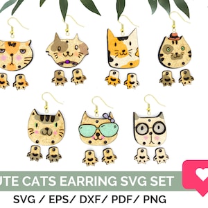 Cute Cats with Pendant Paws Earring Svg Laser Cut File, Kawaii Wood Earring Template Svg Digital Download, Cat Earrings Svg for Glowforge