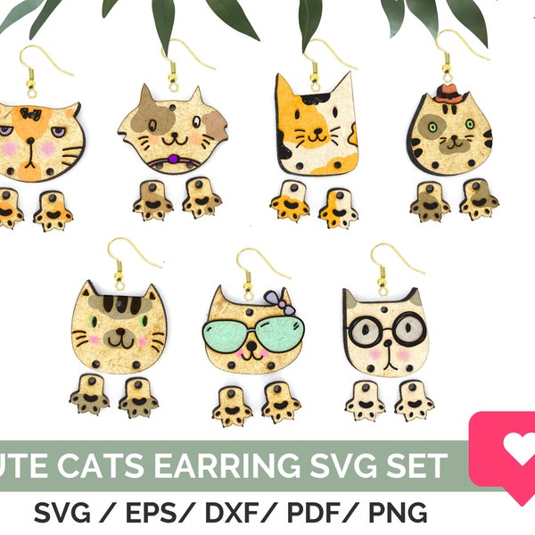 Cute Cats with Pendent Paws Earring Svg Laser Cut and Engraving File for Glowforge, Kawaii Wood Earring Template Svg, Instant Download