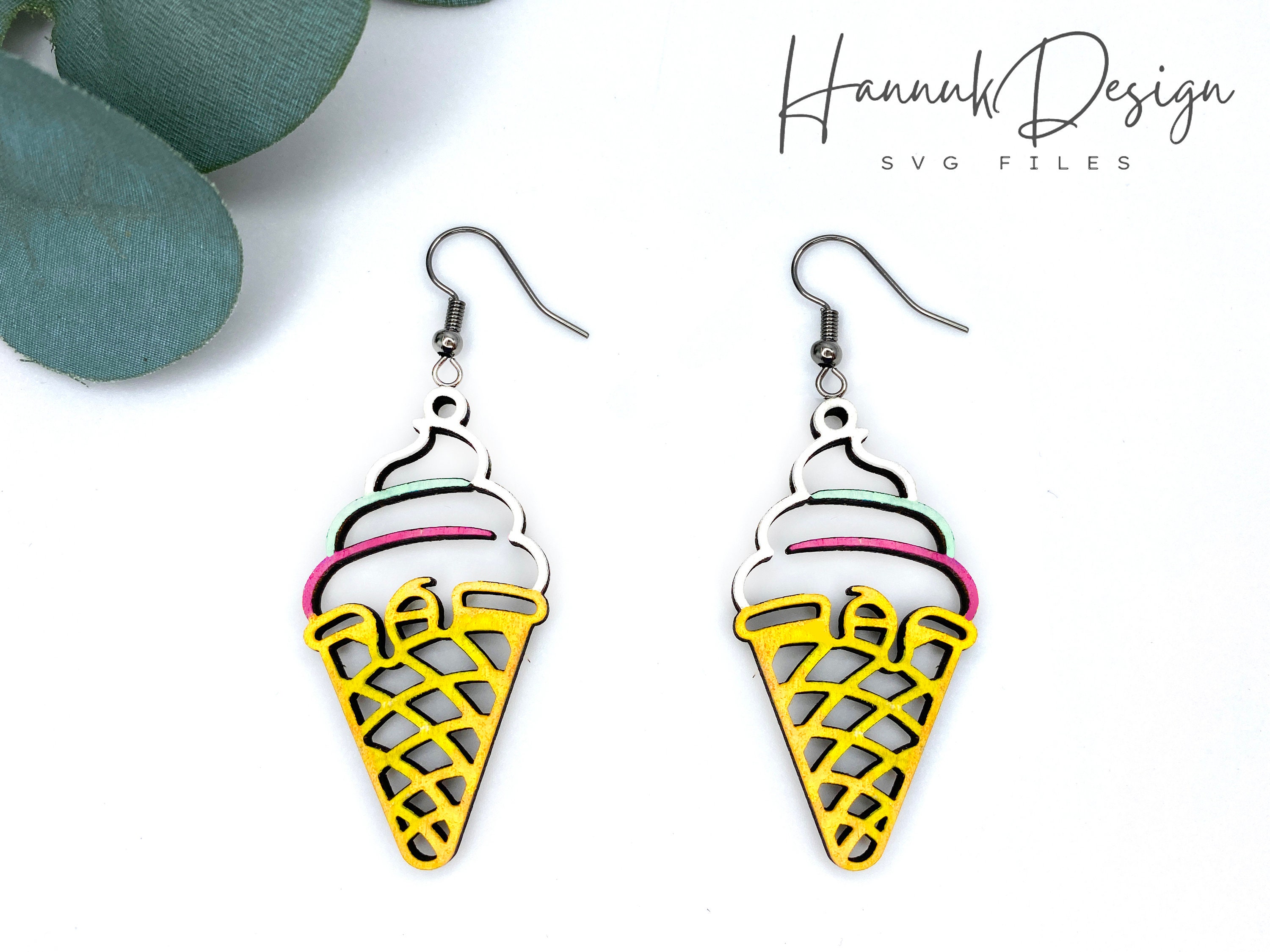 Ice Cream Earring SVG Laser Cut File, Wood Earrings Template SVG Digital Download, Summer Earrings SVG, Ice Cream Cone Glowforge Earrings