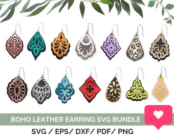 14 Ornate Leather Earring Svg Files, Boho Faux Leather Earring Bundle Svg for Cricut, Earring Template Digital Download