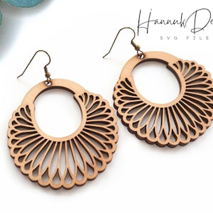 Ornate Fanned Out Hoop Earring Svg Laser Cut File, Chamomile Flower Boho Fan Shape Earrings Template Svg Digital Instant Download