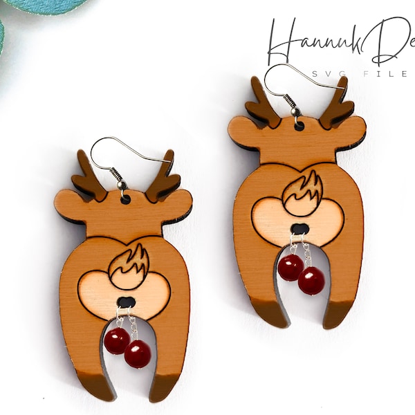 Funny Christmas Deer Butts with Bells Wood Earring Svg Laser Cut File Digital Download