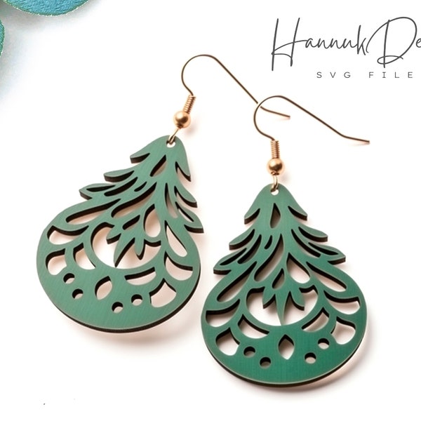 Patterned Hoop with Christmas Tree Wood Earring Svg Laser Cut File Digital Download