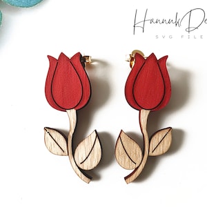 Download digitale di file SVG con taglio laser di orecchini in legno a forma di bocciolo di tulipano