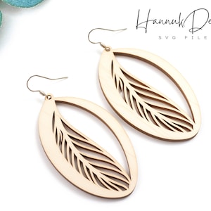 Oval Shape with Tender Feather Wood Earring Svg Laser Cut File Digital Download