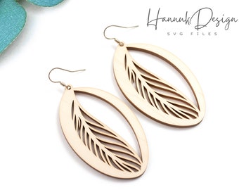 Oval Shape with Tender Feather Wood Earring Svg Laser Cut File Digital Download