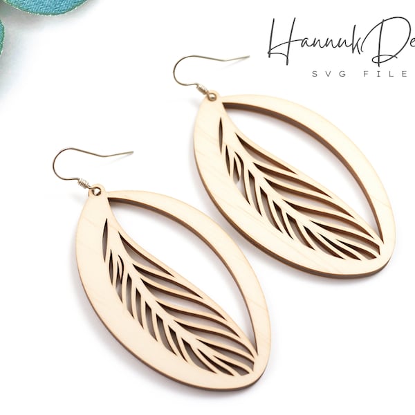 Oval Shape with Tender Feather Wood Earring Svg Laser Cut File Digital Download