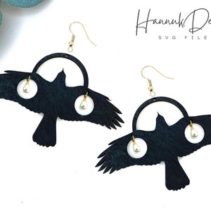 Black Raven Earring SVG Laser Cut File, Dark Gothic Bird Wood Earrings Template SVG Digital Download, Crow Spooky Earrings for Halloween