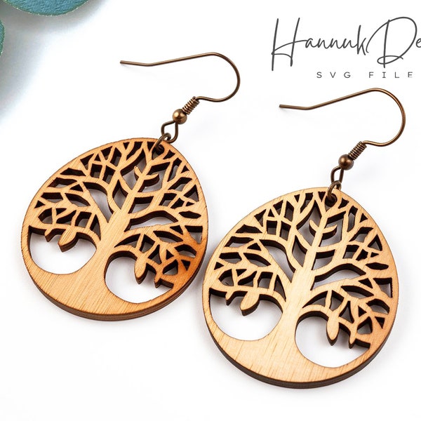 Circle Shape with Tree of Life Floral Wood Earring Svg Laser Cut File Digital File