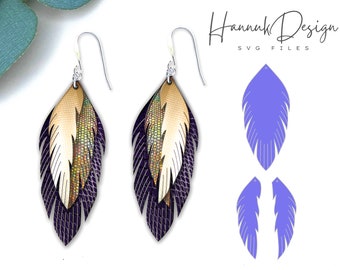 Layered Boho Feather Earring Shapes Svg for Cricut, Bohemian Faux Leather Earring Template Svg Instant Download