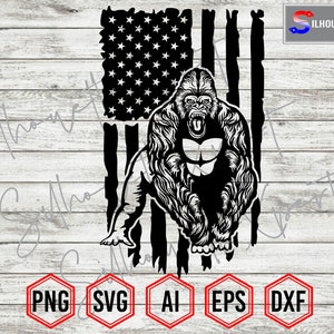 Angry Standing Gorilla svg, Patriotic US Flag svg, Apes svg - Vector, Cameo, Cricut, CNC, Laser, Vinyl Cutter, T-Shirt File.