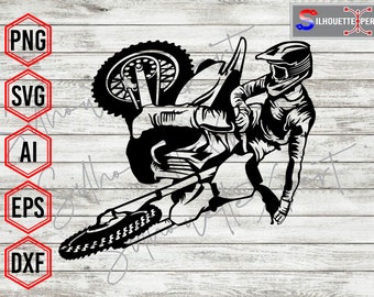 May include: Black and white silhouette of a motocross rider performing a trick on a dirt bike. The rider is wearing a helmet and goggles, and the bike is in mid-air.