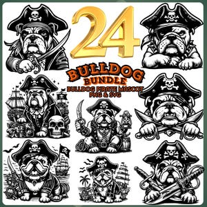 Puede incluir: Un paquete de arte digital con 24 mascotas de bulldog pirata. Cada bulldog lleva un sombrero de pirata con una calavera y huesos cruzados, sosteniendo espadas y otros accesorios temáticos de piratas. También se incluye el texto "BULLDOG BUNDLE".