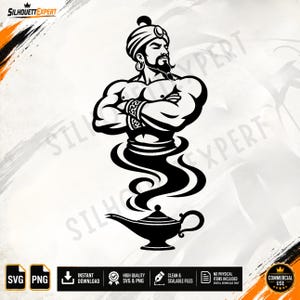 Può includere: Un'illustrazione grafica in bianco e nero di un genio muscoloso che emerge da una tradizionale lampada a olio. Il genio ha la barba, indossa un turbante e bracciali, e ha le braccia incrociate. Il design è un file digitale per macchine da taglio.
