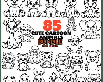 Cute Cartoon Animals Sitting Clipart | Whole Animal Outline Line Art | PNG SVG Digital Download