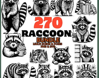 Raccoon Clipart Bundle | Cute Woodland Animal Silhouette & Outline PNG | Baby Raccoon SVG for Nursery Decor, Sublimation, Cricut Crafts