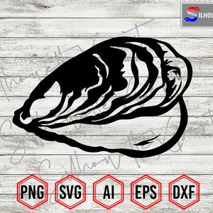 May include: Black and white silhouette of an oyster shell. The shell is closed and has a detailed, textured design.