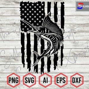 Tattered US Flag,  Blue Marlin svg, Fishing svg, Ocean Fish svg - Vector, Cricut, CNC, Laser, Vinyl Cutter, Decal Sticker, T-Shirt File.
