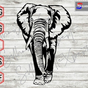 Może przedstawiać: Czarno-biała sylwetka słonia z opuszczonym trąbą i głową skierowaną do przodu. Słoń stoi na tle imitującym drewno.