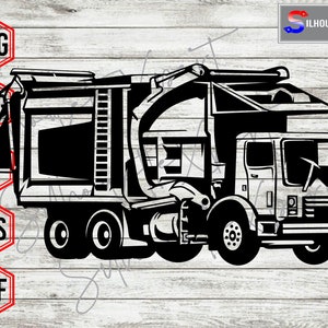 Puede incluir: Gráfico vectorial en blanco y negro de un camión de basura, con un diseño detallado de la carrocería, las ruedas y el brazo elevador del vehículo. La imagen incluye etiquetas de tipo de archivo: PNG, SVG, AI, EPS y DXF. El logotipo de Silhouette Expert está en la esquina superior derecha.