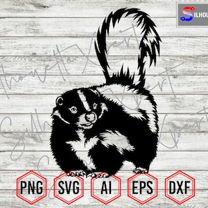 Peut inclure: Silhouette noire et blanche d'une moufette avec la queue levée. La moufette fait face au spectateur et a une expression mignonne sur son visage.