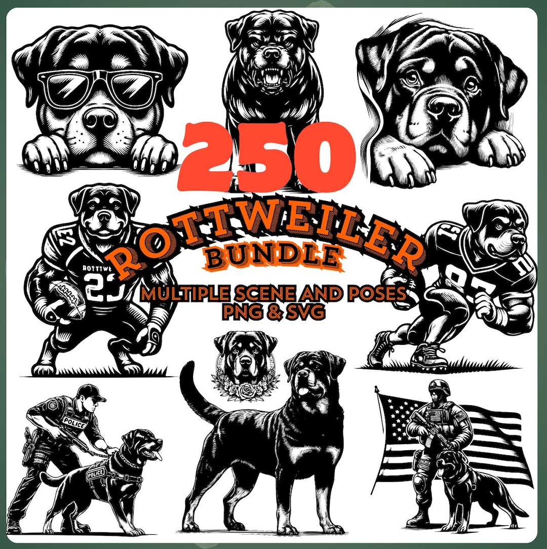 Rottweiler Dog Clipart Bundle | Silhouette & Outline in Multiple Poses ...
