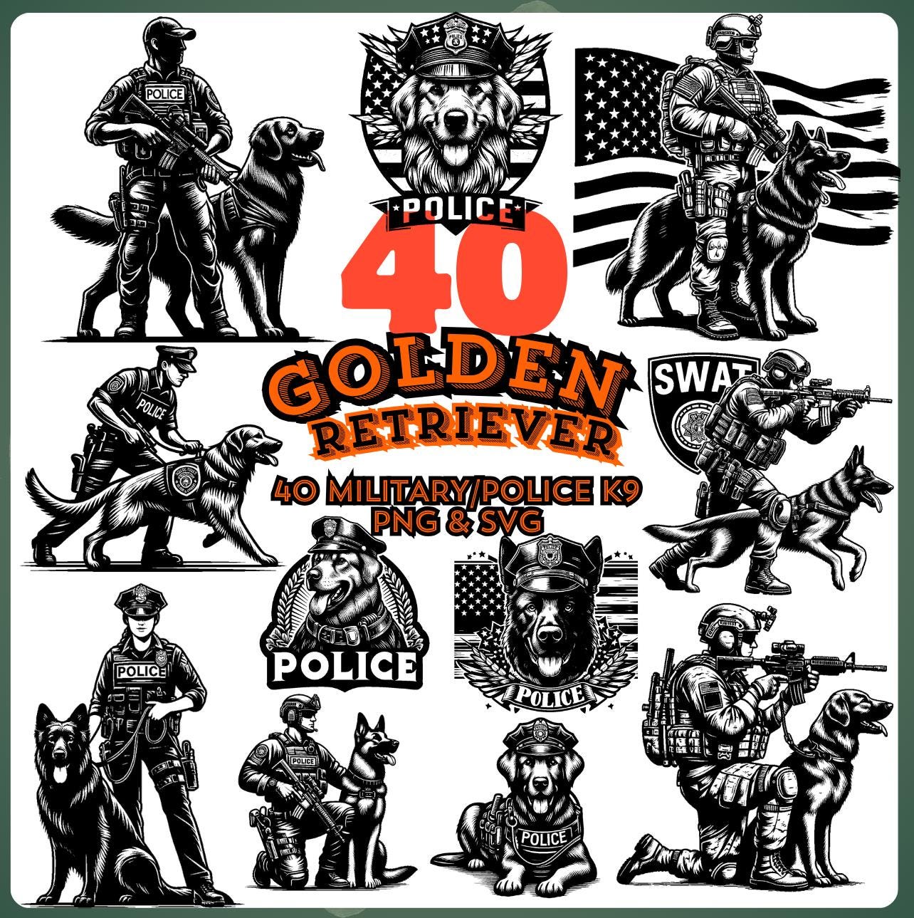 Swat, Military and Police K9 Golden Retriever Silhouette Clipart | K9 Unit Dog Clipart | Golden Retriever Outline - Digital Download