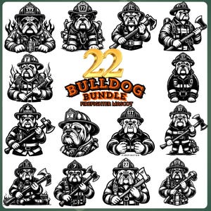 May include: A collection of 12 black and white bulldog firefighter mascot illustrations. Each bulldog is depicted in a firefighter's uniform, holding tools like axes and hoses. The text "22 Bulldog Bundle Firefighter Mascot" is also present.
