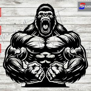 Könnte beinhalten: Eine Schwarzweißillustration eines muskulösen Gorillas mit einem grimmigen Ausdruck, der seine Bizeps anspannt. Der Gorilla ist mit einem starken, kraftvollen Körperbau dargestellt, der seine Stärke und Entschlossenheit zeigt.