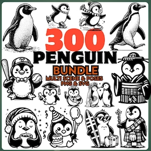 May include: A digital art bundle featuring various black and white penguin illustrations in different poses and scenes. The image includes penguins with a baseball bat, graduation cap, and holding balloons. Text reads "300 PENGUIN BUNDLE" and "MULTI SCENE & POSES PNG & SVG."