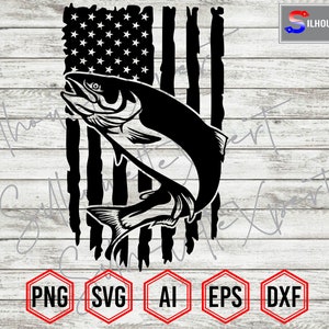 Distressed US Flag, Atlantic Salmon svg, Salmon svg, Fishing svg - Clipart, Cricut, CNC, Laser, Vinyl Cutter, Decal Sticker, T-Shirt File.