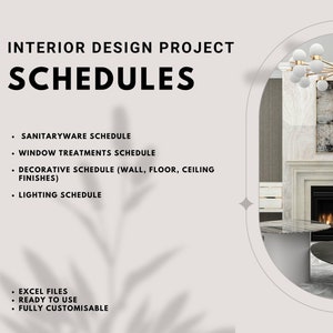 Puede incluir: Un programa de diseño de interiores blanco con una lista de elementos a incluir en el proyecto. El programa incluye sanitarios, tratamientos de ventanas, acabados decorativos e iluminación. La imagen también incluye una foto de una sala de estar con una chimenea y una lámpara de araña.