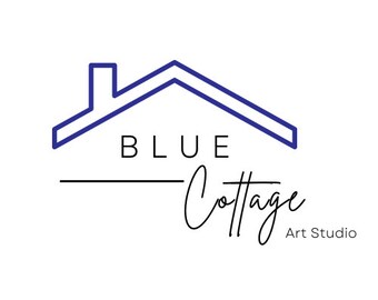May include: Blue Cottage Art Studio logo featuring a blue line drawing of a house with a chimney and the text "BLUE Cottage Art Studio".