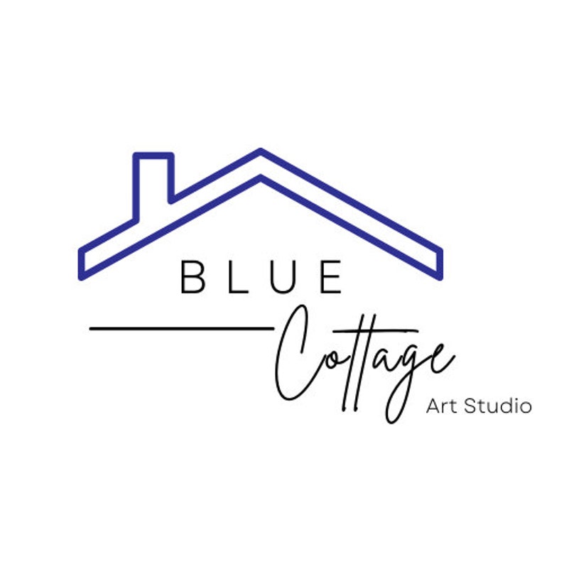 May include: Blue Cottage Art Studio logo featuring a blue line drawing of a house with a chimney and the text "BLUE Cottage Art Studio".
