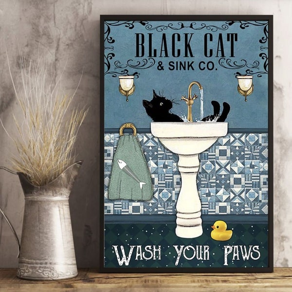 Black Cat Sink Wash Your Paws Digital Poster Print Vintage Sign Bathroom