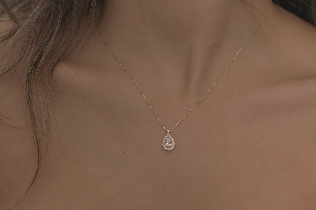 14K Solid Gold Teardrop Pendant Necklace for Women Gift for Etsy UK