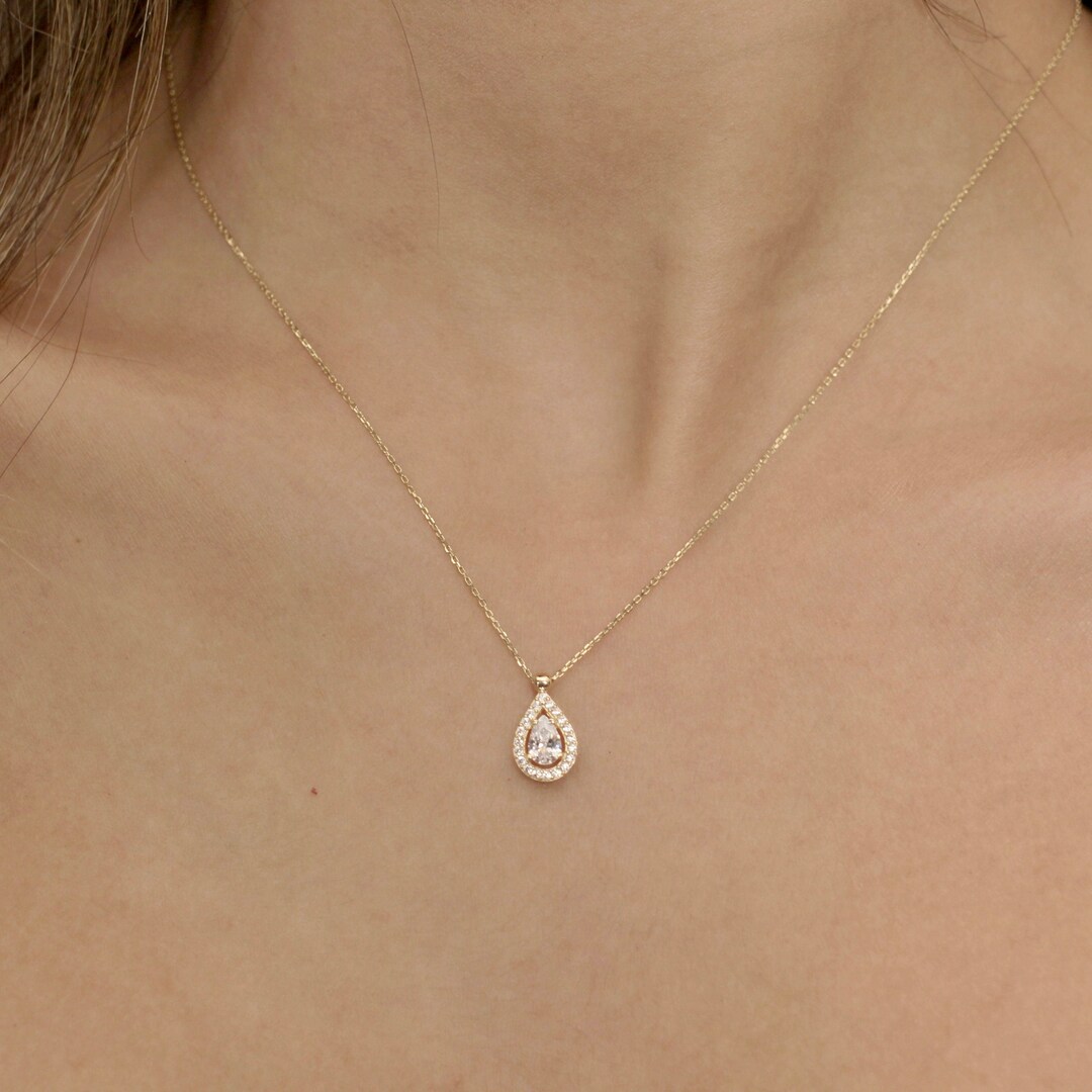 14K Solid Gold Teardrop Pendant Necklace for Women Gift for Etsy